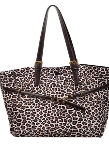 Large leopard print faux suede tote bag with brown leather handles and gold metal buckles