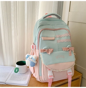 Detail of school backpack with lace edges, pink bows, and a cute white bear pendant