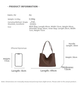 Size comparison of brown woven tote bag and inner pouch with iPhone 16 Pro Max