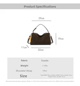 Detailed product size chart for dark brown suede shoulder bag with specifications