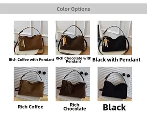 Detail view of retro tote bags in coffee, chocolate, and black with beaded charms
