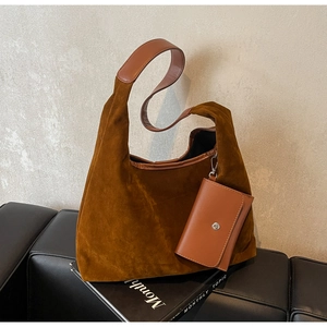Caramel brown suede tote bag with matching leather trim and a small inner pouch
