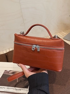 Brown crocodile embossed small square handbag with silver metal hardware and top handle