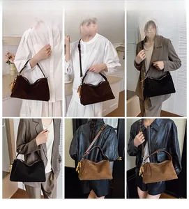 Detailed views of vintage faux suede tote bags in various colors with beaded tassel decor