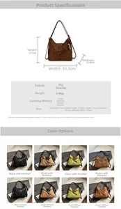 Guide détaillé des tailles et matériaux pour ce grand sac à bandoulière en daim vintage