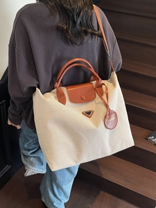 Large capacity color-block canvas travel tote bag with leather straps for women