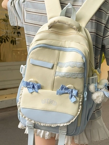 Cute college style backpack with beige and light blue contrast and lace details