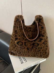 Leopard Print Faux Fur Tote Bag For Women Autumn Winter Soft Plush Shoulder Bag Large Capacity Handbag Casual Daily Bag