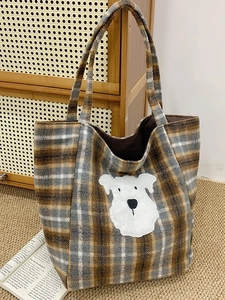 Vintage Plaid Tote Bag For Women Cute Dog Plush Patch Shoulder Bag Large Capacity Casual Commuting Canvas Autumn Winter Handbag