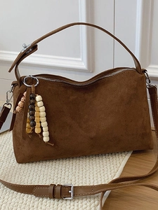 Vintage Women Faux Suede PU Crossbody Bag Large Capacity Shoulder Hobo Bag With Wooden Beads Tassel Adjustable Strap Leisure Tote