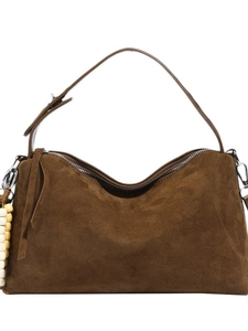 Retro dark brown suede pillow bag with beaded tassel and silver hardware details