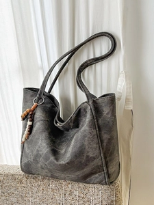 Retro charcoal grey tote bag with marble texture and wooden bead charm for women