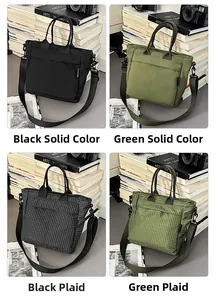 Detail view of large tote bags in solid and plaid styles with adjustable straps