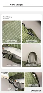 Detailed close-up of green checkered fabric with waterproof coating and metal hooks