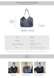 Detailed size chart for large denim tote bag with dimensions and available colors