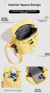 Nylon crossbody chest bag detail showing front drawstring pocket and main zip compartment
