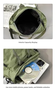 Detail view of large green checkered tote bag showing empty and full interior storage space