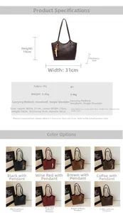 Detailed dimension guide and color options for large capacity retro tote bag with PU leather