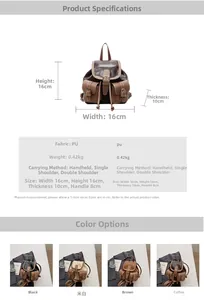 Detail view of mini retro patchwork PU leather backpack showing size 16x16x10cm specifications