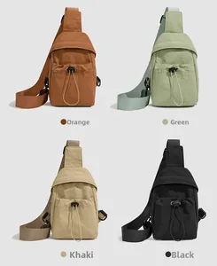 Nylon crossbody chest bags displayed in orange, green, khaki, and black color options