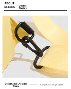 Close-up of bright yellow nylon bag with durable matte black metal hook and strap