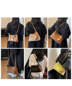 Collage of model wearing large faux suede tote bag with matching pouch in multiple colors