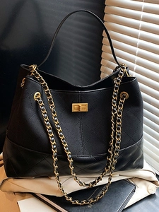 Sac Fourre-tout Matelassé de Grande Capacité pour Femmes Rétro Couleur de Contraste Chaîne Sac Bandoulière Sac à Épaule PU