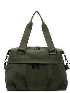 Large olive green canvas tote bag with dual handles and water-resistant nylon texture