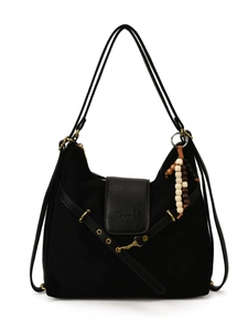 Sac à bandoulière vintage noir mat pour femme avec pendentif en perles de bois
