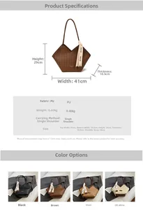 Detailed dimension chart for vintage woven tote bag with size specs and color options