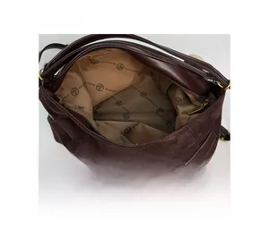 Detail view of large capacity tote bag interior with zipper pocket and printed lining