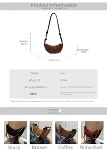 Size chart for suede dumpling bag showing dimensions 27x10x10cm and color options