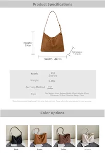 Detailed dimension chart and color variants of the minimalist vintage PU suede tote bag
