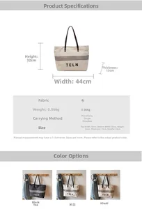Size chart showing large canvas tote bag dimensions for hand and shoulder carry