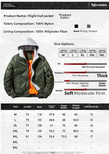 Detailed size guide and material specs for military-style flight bomber jacket