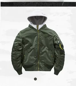 Detail of military green bomber jacket with rib-knit collar and tactical sleeve pocket