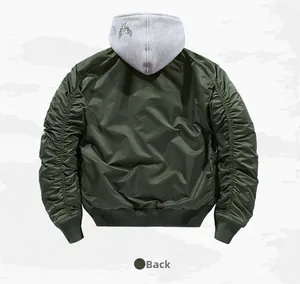Back view of army green bomber jacket featuring gray hood and ruched sleeve detail