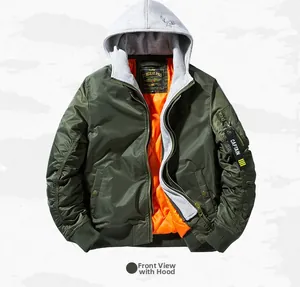 Detail of army green flight jacket showing gray hood and orange quilted lining