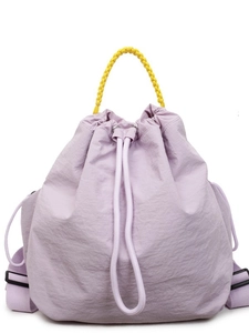 Zaino lilla in nylon con coulisse e manico giallo per studenti e tempo libero