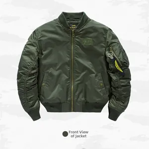 Front view of olive green bomber jacket with utility arm pocket and yellow flight tag