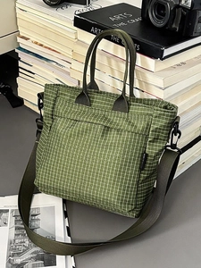 Green checkered tote bag for women with adjustable strap for school and daily commute