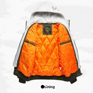 Detail of pilot jacket showing olive nylon shell and orange quilted inner lining