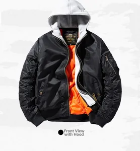 Front view of black MA-1 bomber jacket with grey hood and orange quilted lining
