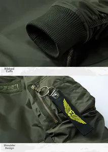 Army green flight jacket detail with ribbed cuffs and shoulder tactical zipper pocket