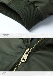 Detail view of the ribbed knit hem and durable metal brass zipper on the flight jacket