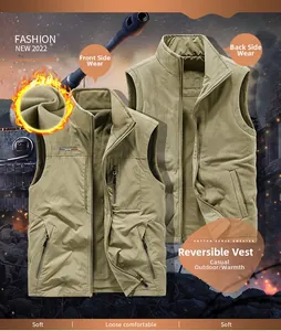 Detail of reversible fleece vest showing khaki windproof fabric and soft warm lining