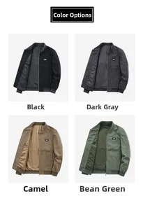 Corduroy bomber jackets displayed in black, dark grey, camel, and green color options