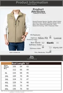 Size chart for men's fleece vest showing chest and length measurements from M to 6XL