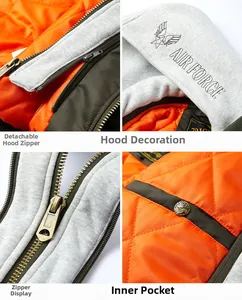 Detail of Air Force pilot jacket featuring removable hood and brass metal zipper