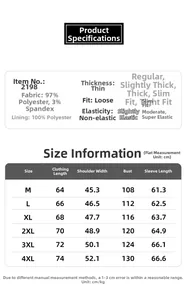 Size chart showing fabric composition and detailed measurements for men jacket